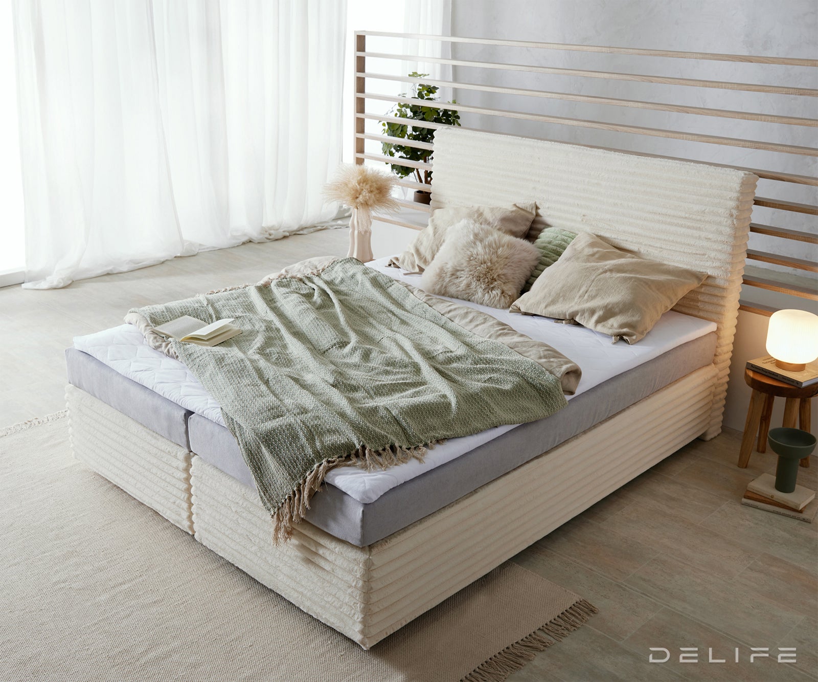 Box spring krevet Dream Well s madracem i nadmadracem, materijal: Pliš rebrasta tkanina