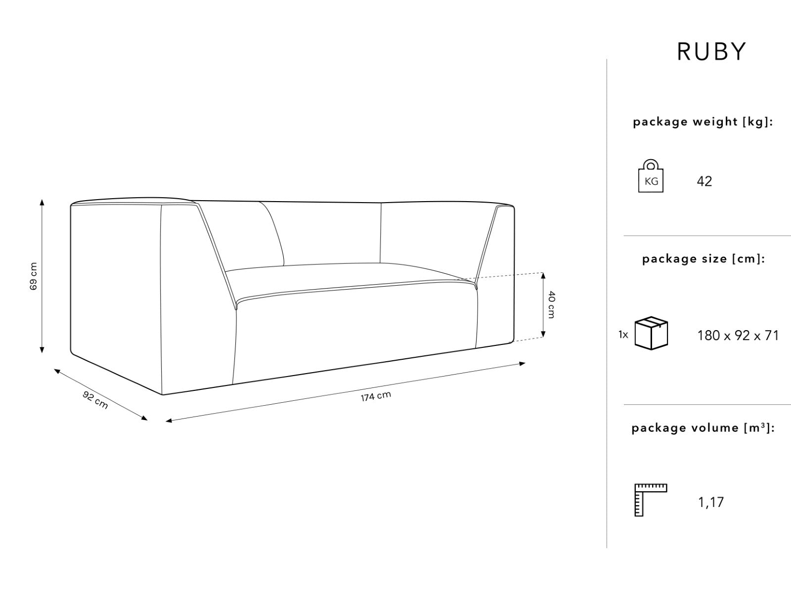 Sofa Ruby 174x93cm, Materijal: Baršun