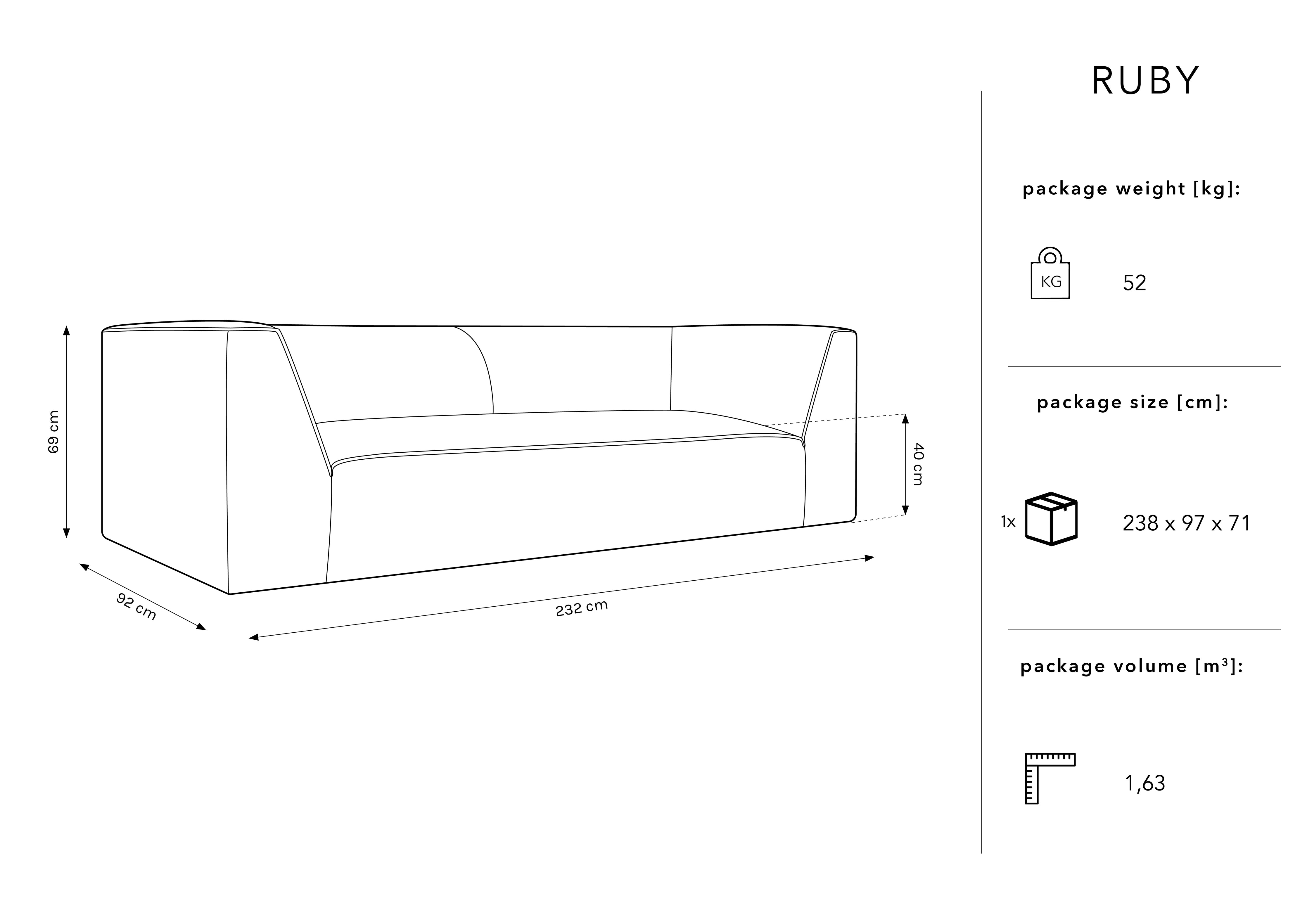 Sofa Ruby 232x92cm, Materijal: Rebrasta tkanina